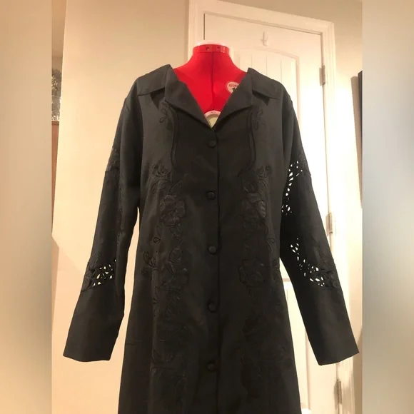 Vintage Floral Embroidered Gothic Full Length Oversized Duster / Trench Coat - Picture 7 of 16